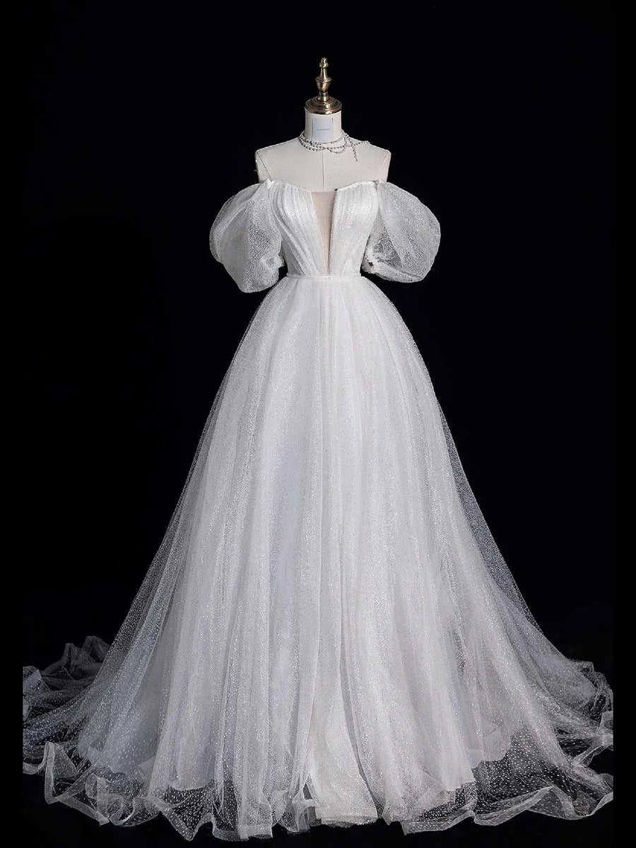 White Tulle Long Off-the-Shoulder Short Sleeve Wedding Dress TP938