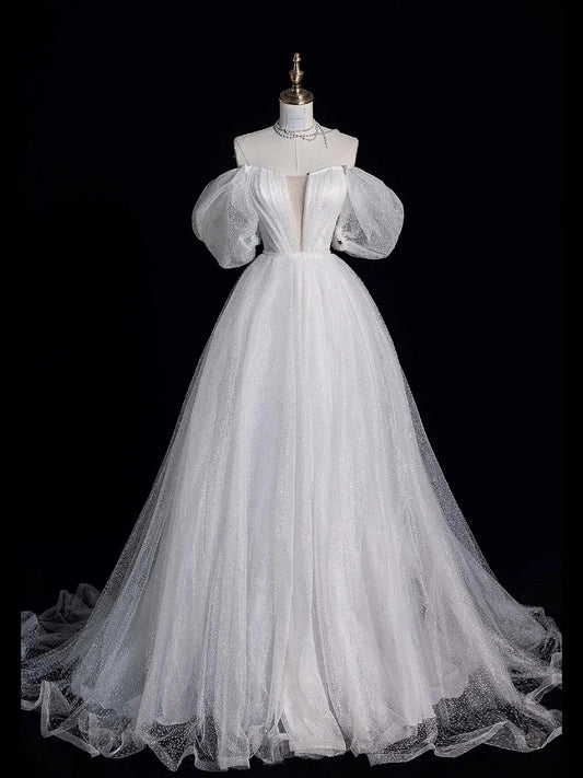 White Tulle Long Off-the-Shoulder Short Sleeve Wedding Dress TP938