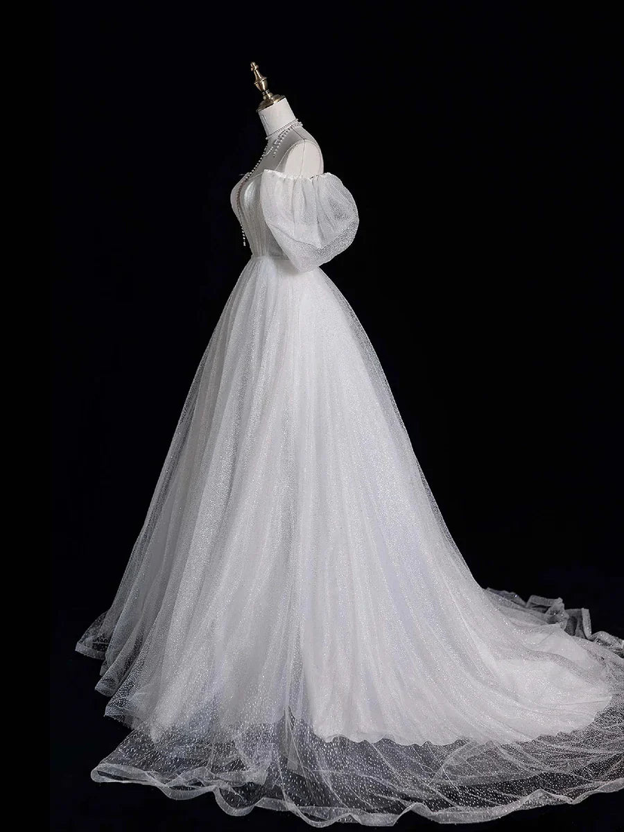 White Tulle Long Off-the-Shoulder Short Sleeve Wedding Dress TP938
