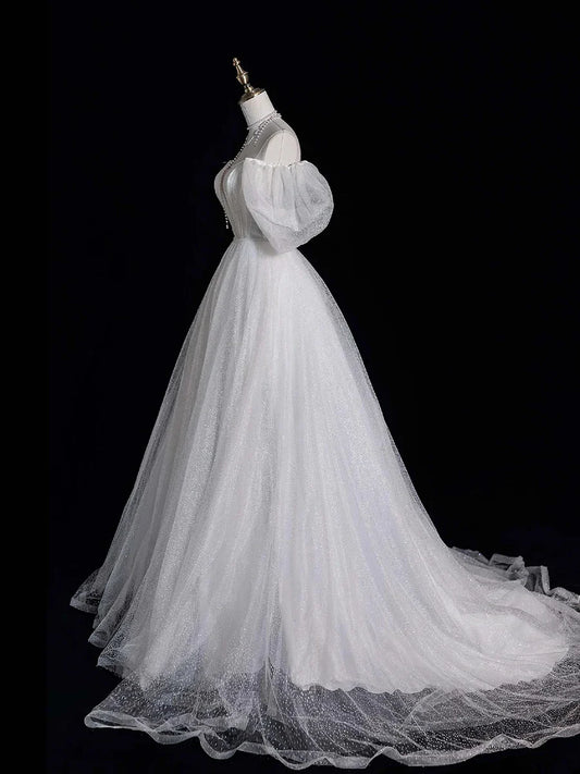 White Tulle Long Off-the-Shoulder Short Sleeve Wedding Dress TP938