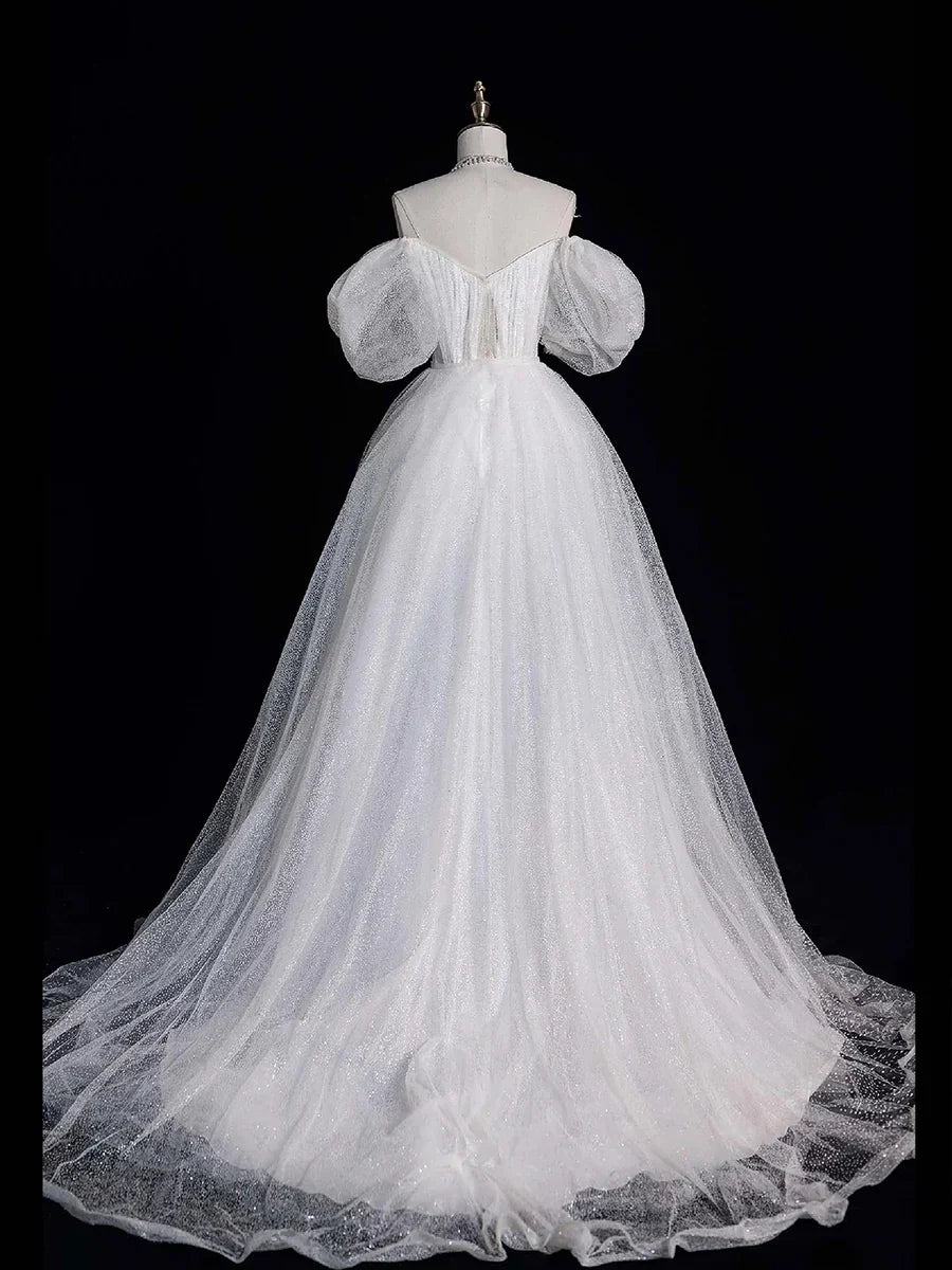 White Tulle Long Off-the-Shoulder Short Sleeve Wedding Dress TP938