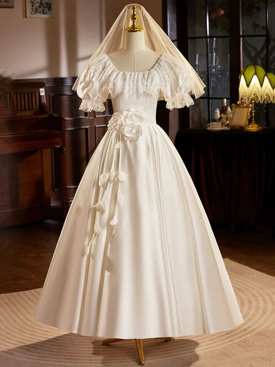 Retro White Satin Tea Length Lace A-Line Wedding Dress TP939