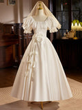 Retro White Satin Tea Length Lace A-Line Wedding Dress TP939