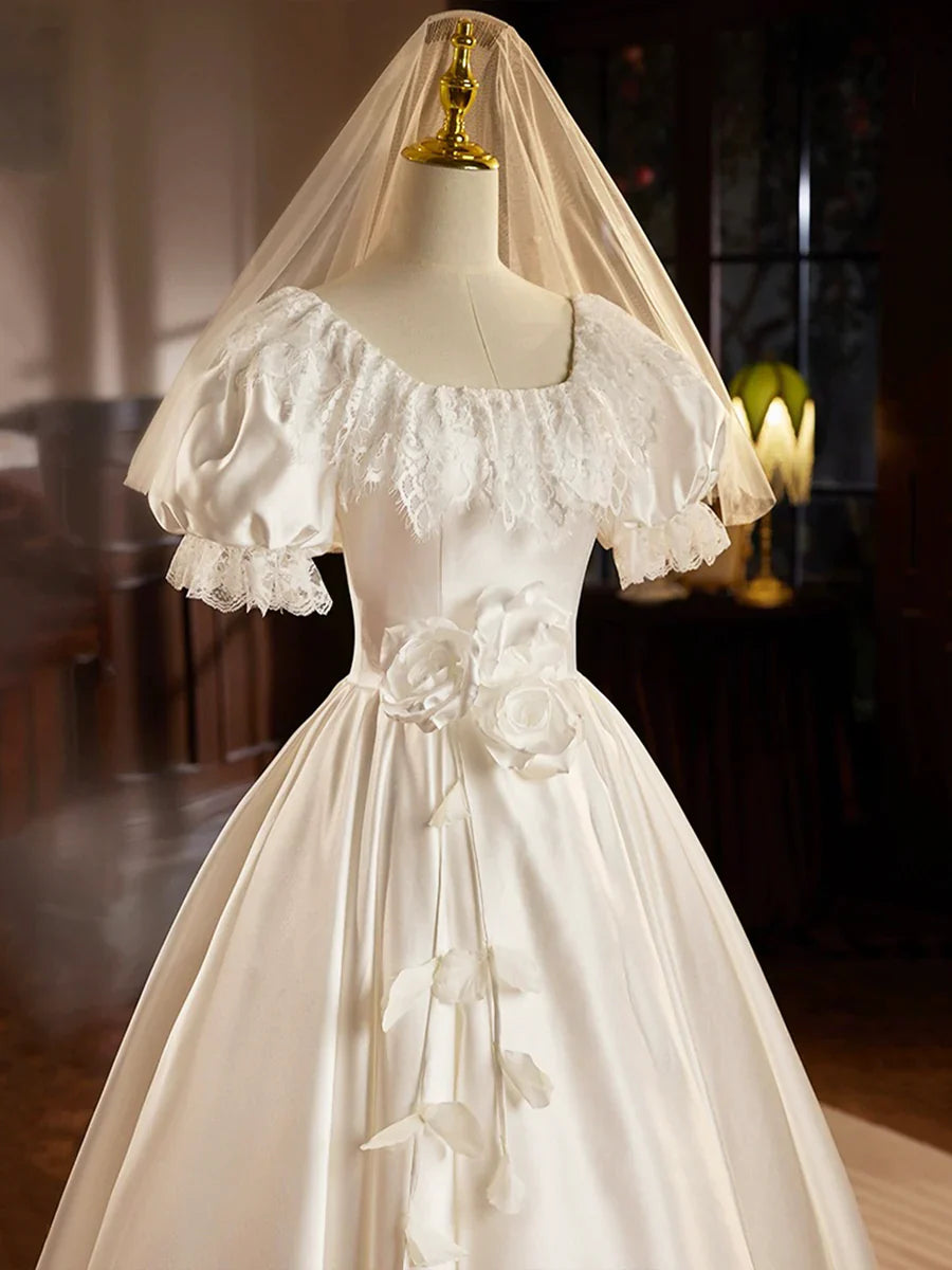 Retro White Satin Tea Length Lace A-Line Wedding Dress TP939