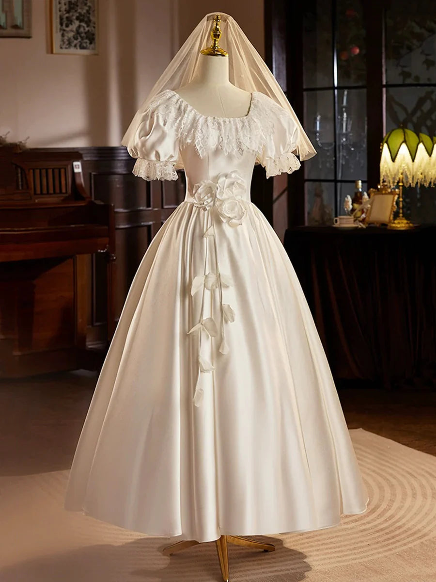 Retro White Satin Tea Length Lace A-Line Wedding Dress TP939