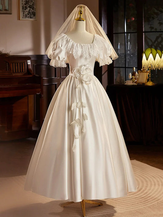 Retro White Satin Tea Length Lace A-Line Wedding Dress TP939