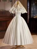 Retro Satin Tea Length Lace White A-Line Wedding Dress TP940