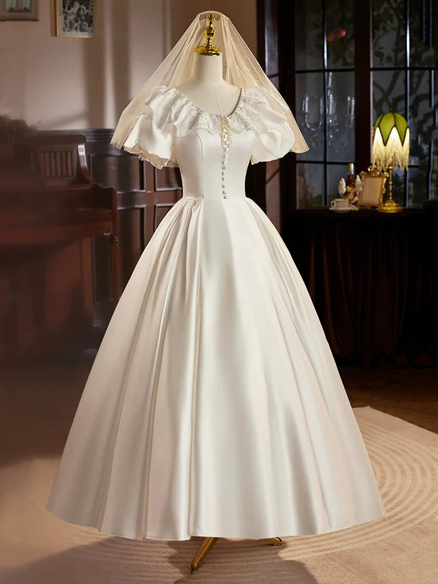Retro Satin Tea Length Lace White A-Line Wedding Dress TP940