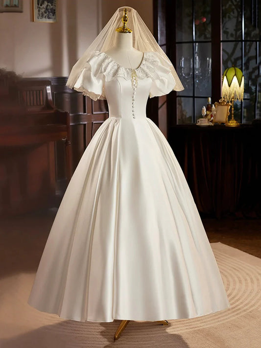 Retro Satin Tea Length Lace White A-Line Wedding Dress TP940