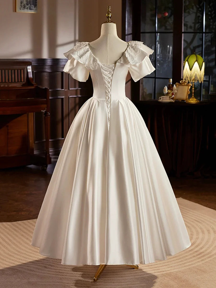 Retro Satin Tea Length Lace White A-Line Wedding Dress TP940