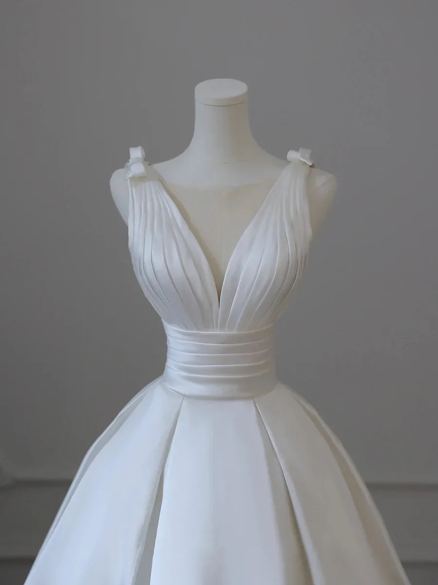 Elegant White V-Neck Satin Long A-Line Wedding Dress TP941