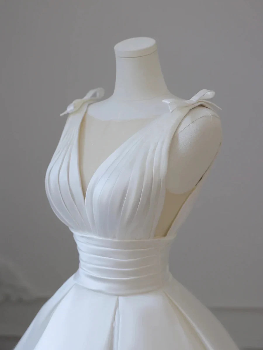Elegant White V-Neck Satin Long A-Line Wedding Dress TP941