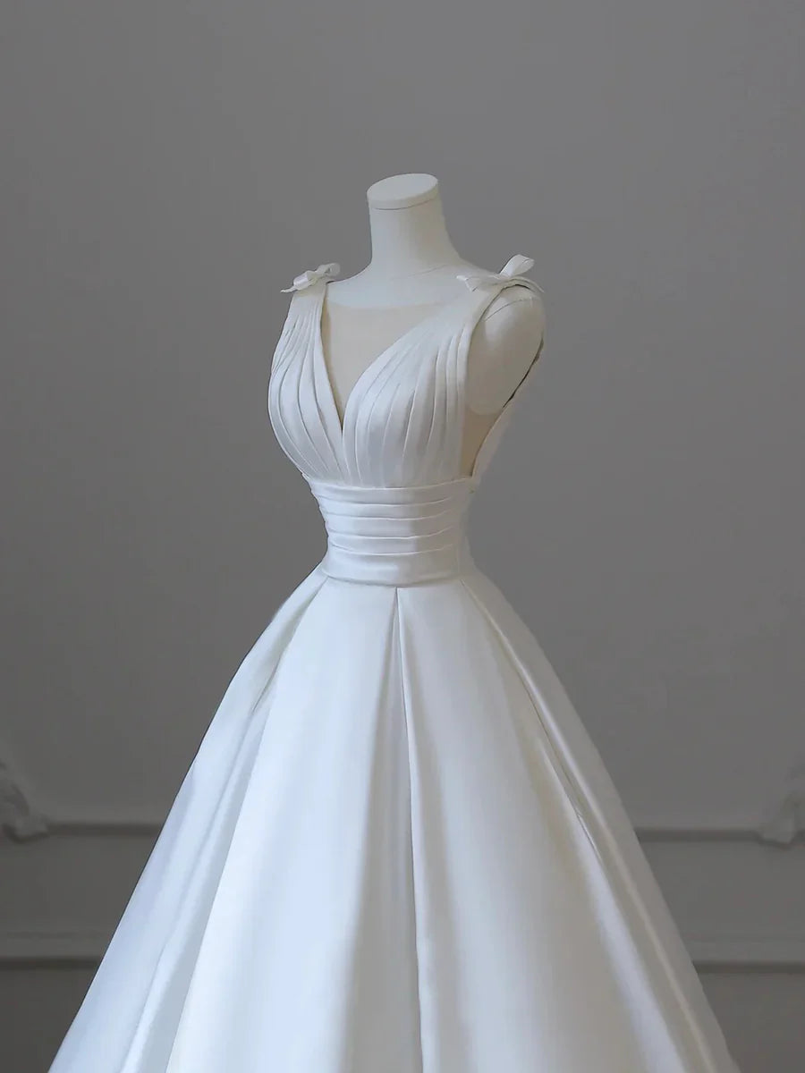 Elegant White V-Neck Satin Long A-Line Wedding Dress TP941