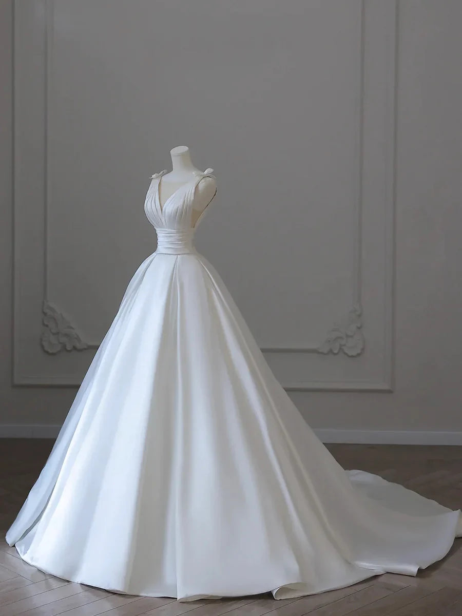 Elegant White V-Neck Satin Long A-Line Wedding Dress TP941