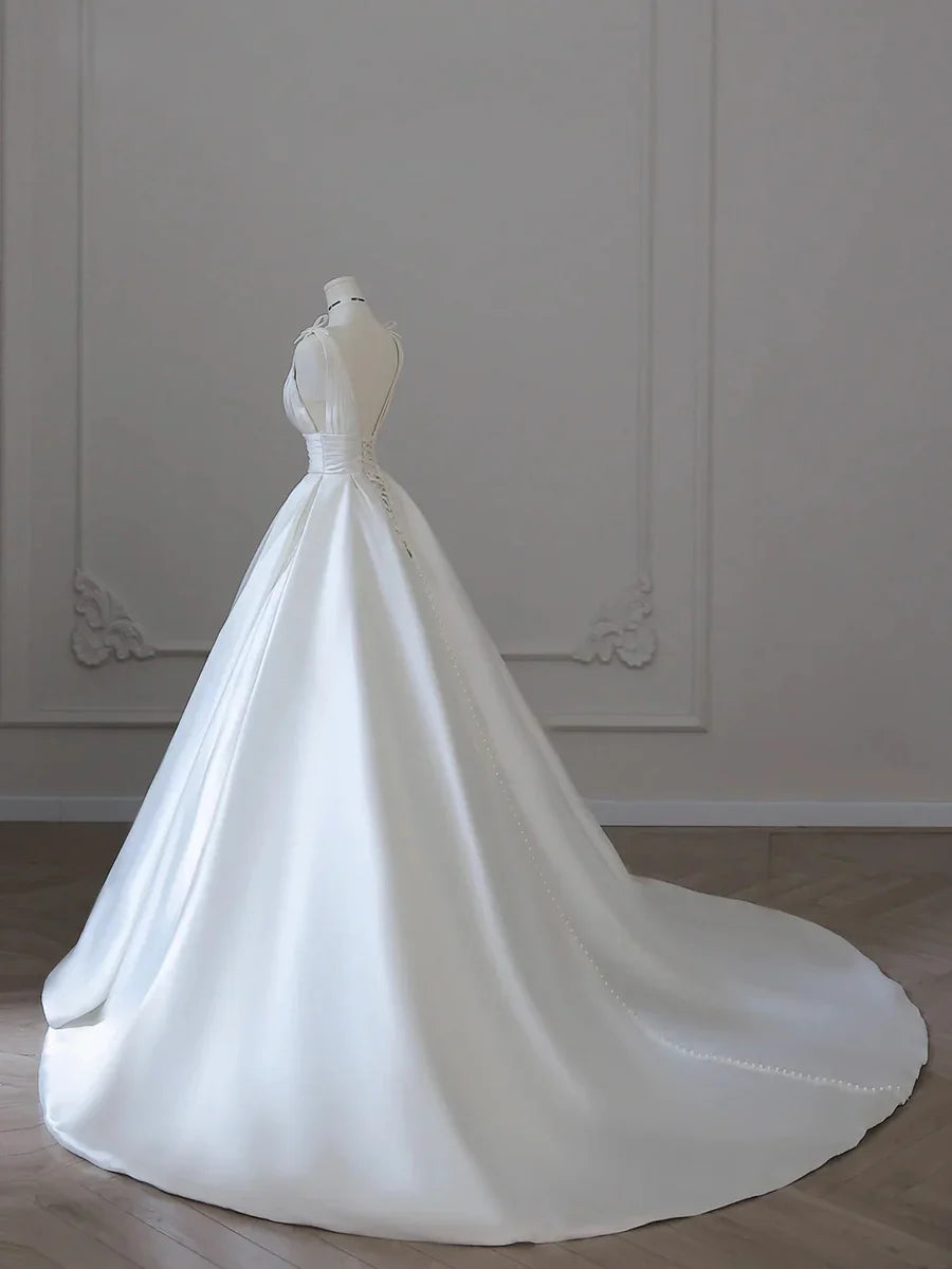 Elegant White V-Neck Satin Long A-Line Wedding Dress TP941