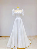 White Satin Short Sleeve Floor Length  A-Line Wedding Dress TP942