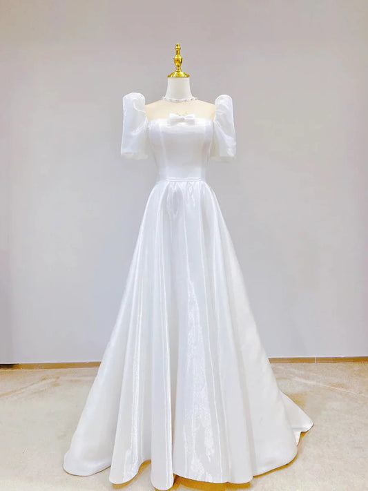 White Satin Short Sleeve Floor Length  A-Line Wedding Dress TP942