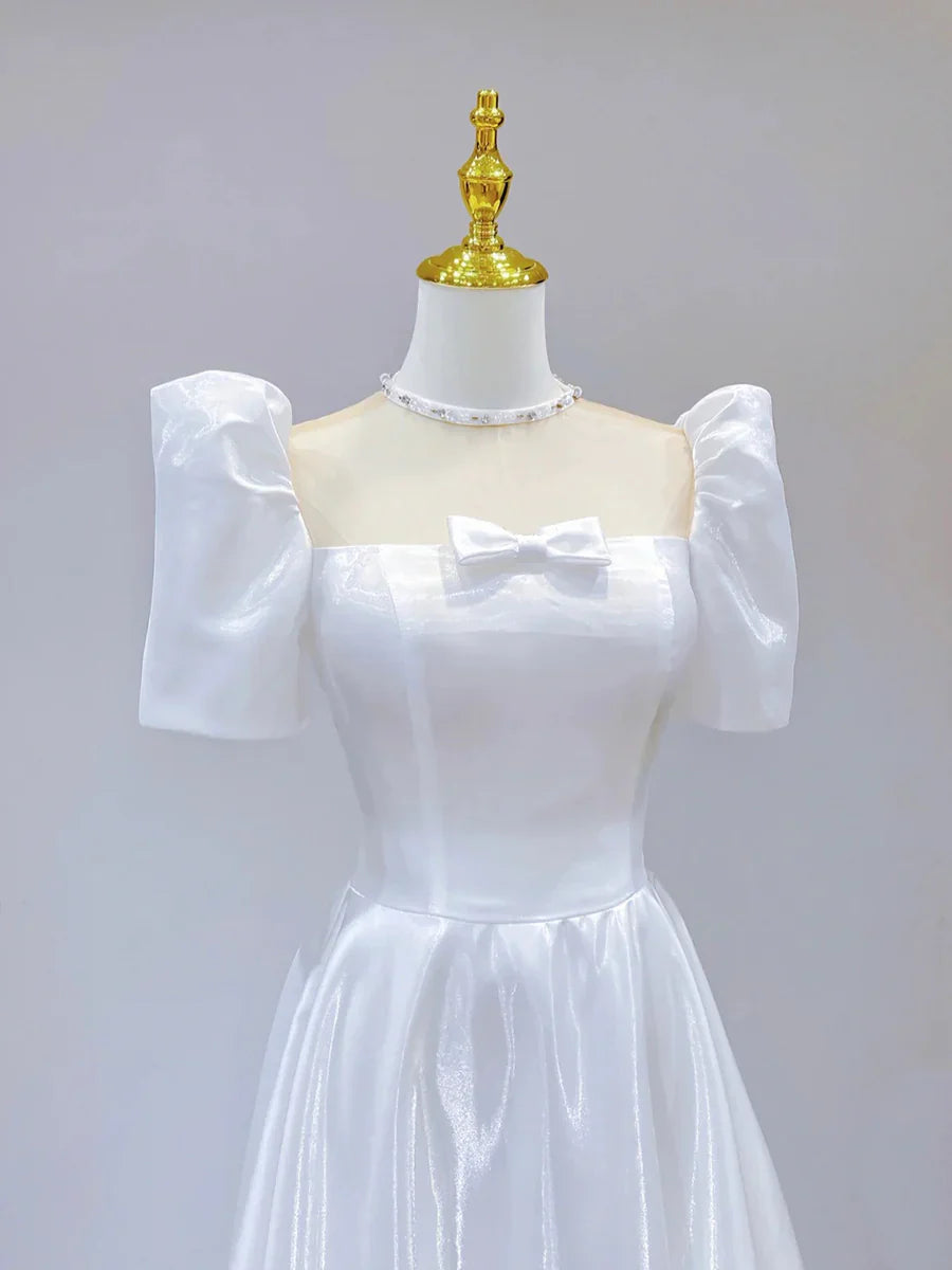 White Satin Short Sleeve Floor Length  A-Line Wedding Dress TP942
