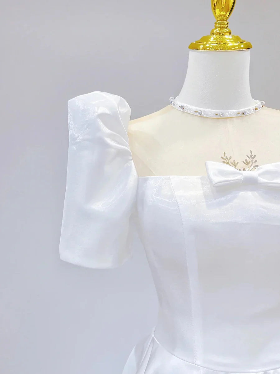 White Satin Short Sleeve Floor Length  A-Line Wedding Dress TP942