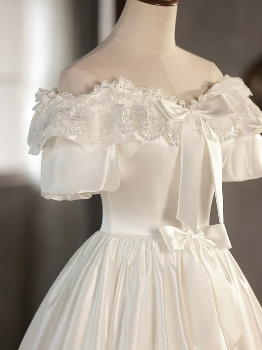 Vintage White Satin Lace Off-the-Shoulder Wedding Dress TP946