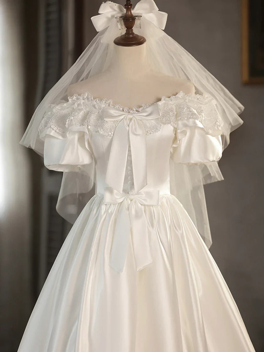 Vintage White Satin Lace Off-the-Shoulder Wedding Dress TP946