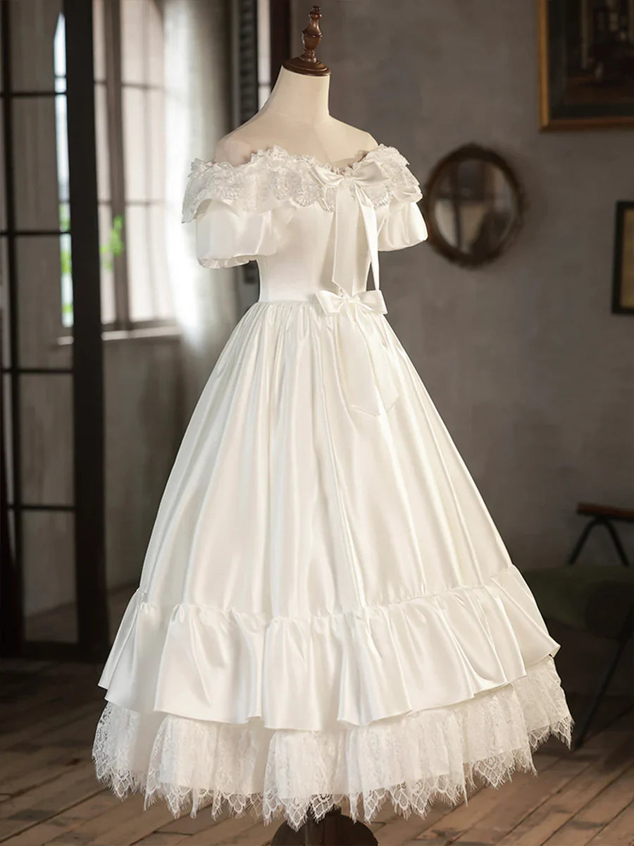 Vintage White Satin Lace Off-the-Shoulder Wedding Dress TP946