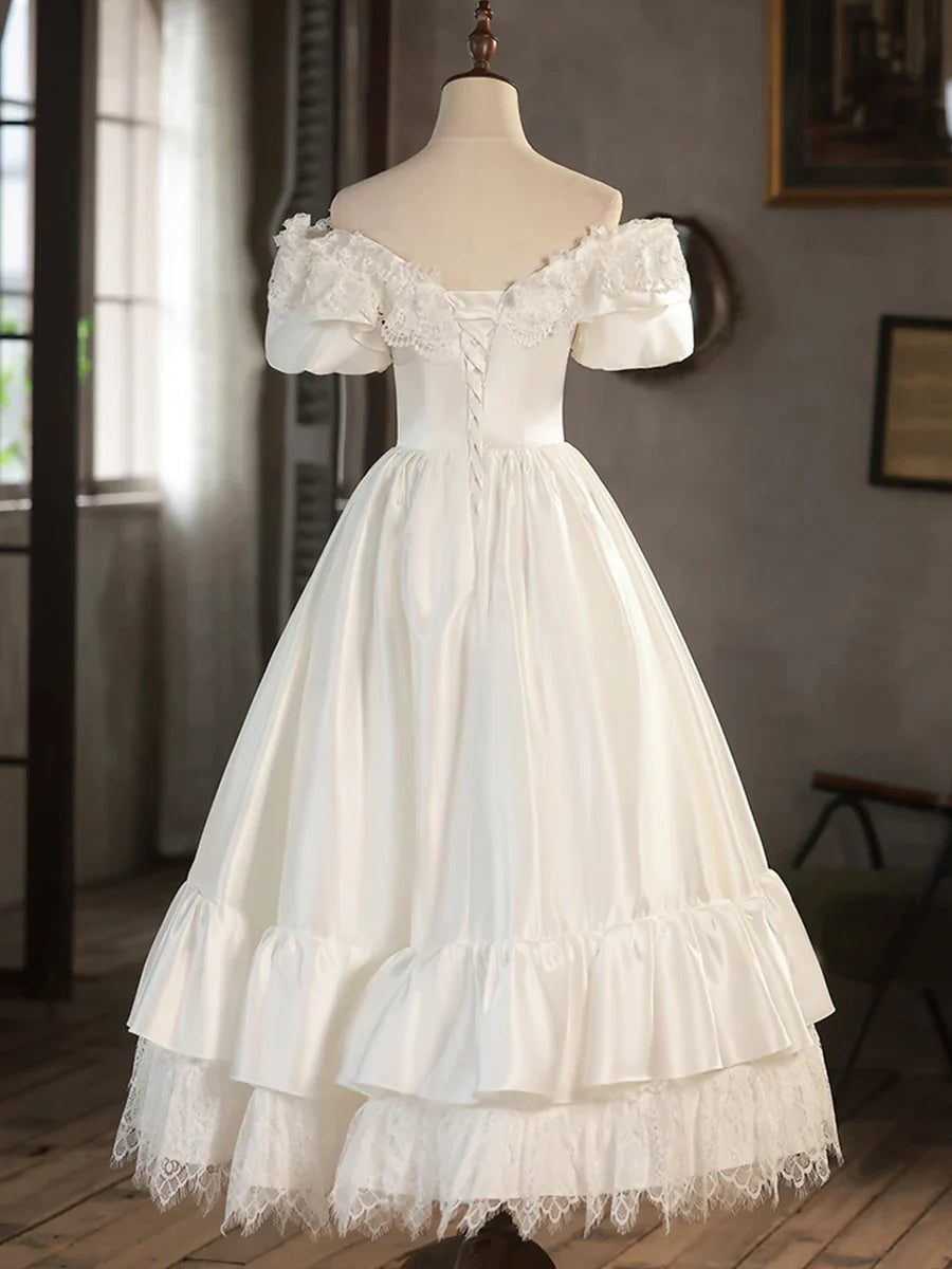 Vintage White Satin Lace Off-the-Shoulder Wedding Dress TP946