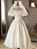 Vintage White Off-the-Shoulder Satin Lace Short Wedding Dress TP947