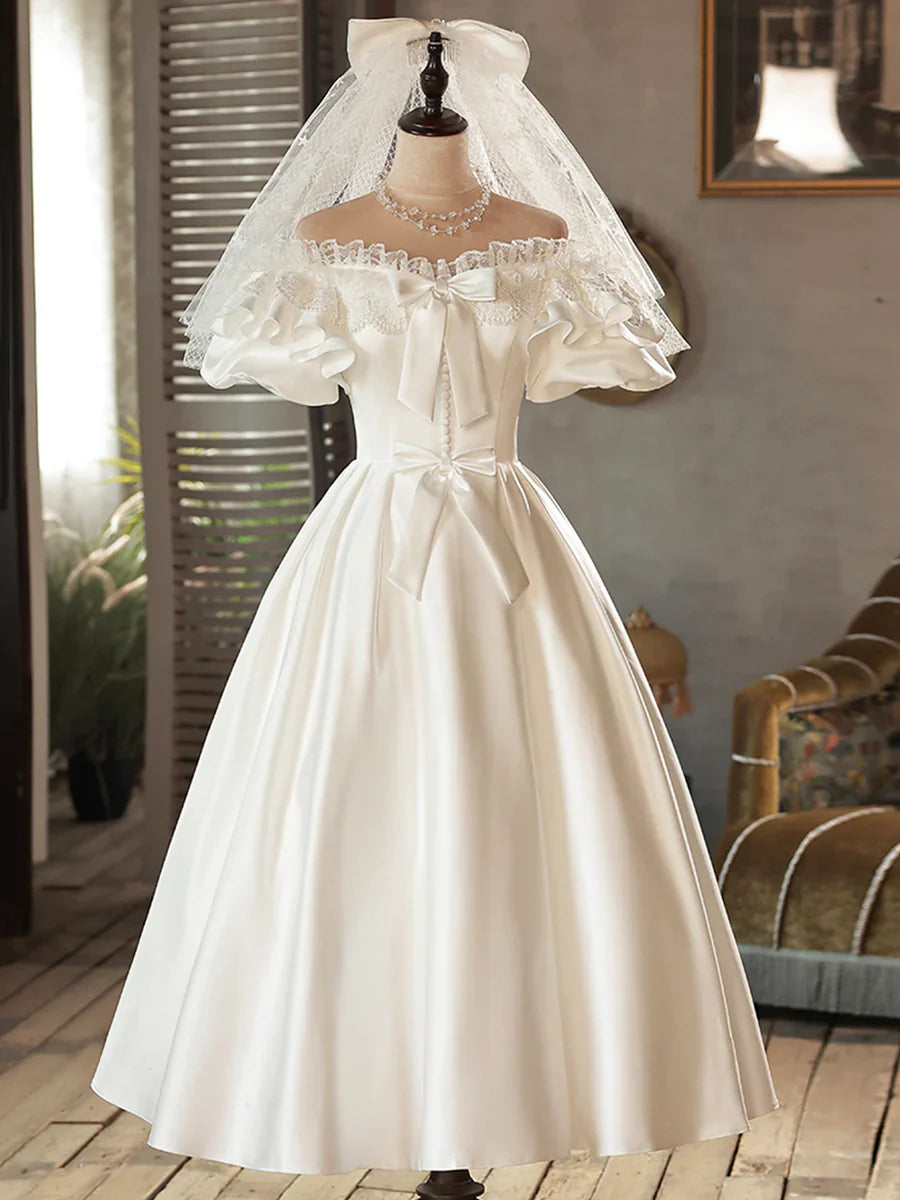 Vintage White Off-the-Shoulder Satin Lace Short Wedding Dress TP947