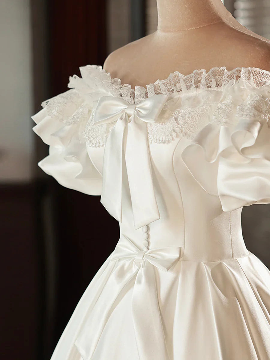 Vintage White Off-the-Shoulder Satin Lace Short Wedding Dress TP947