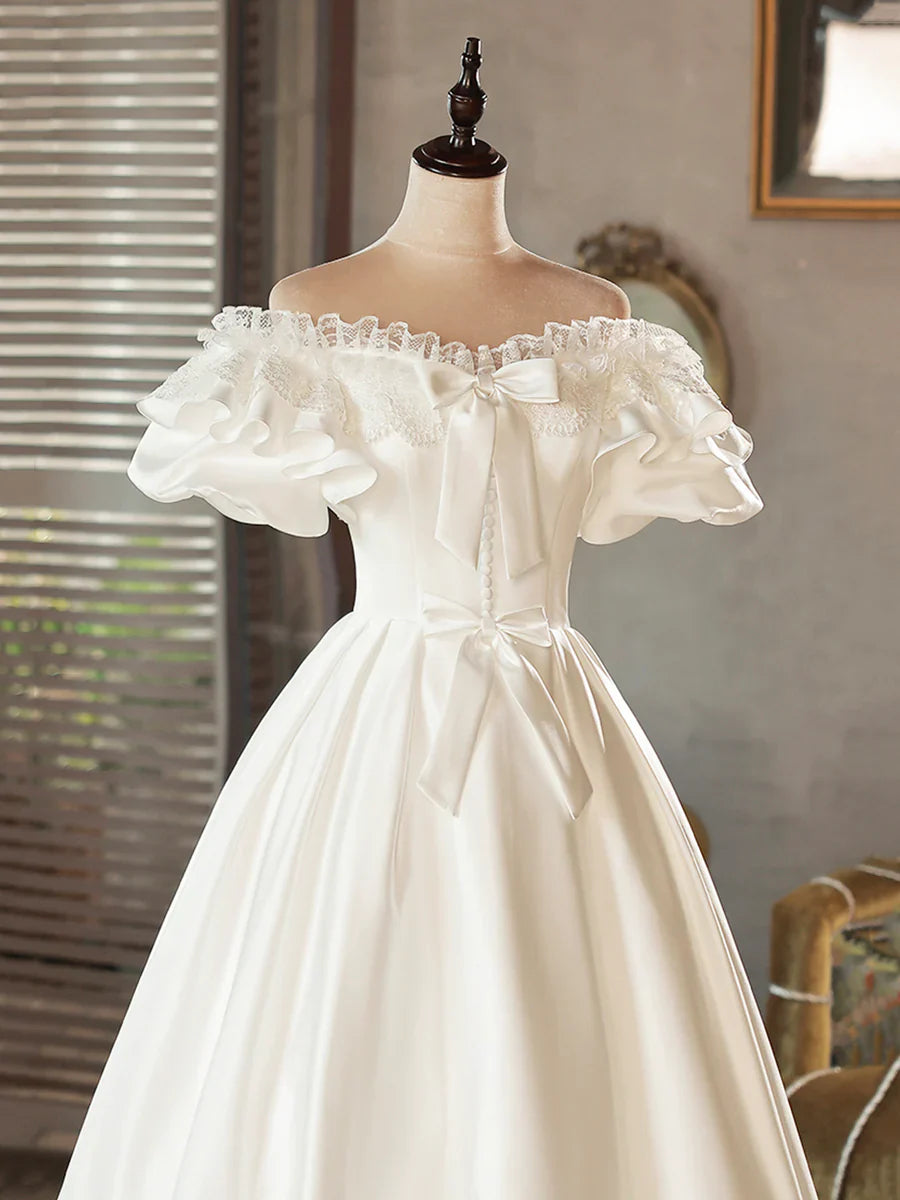 Vintage White Off-the-Shoulder Satin Lace Short Wedding Dress TP947