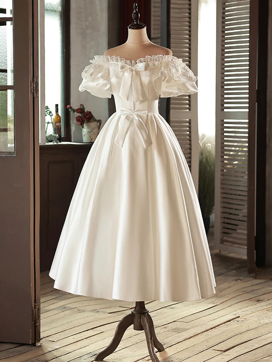Vintage White Off-the-Shoulder Satin Lace Short Wedding Dress TP947