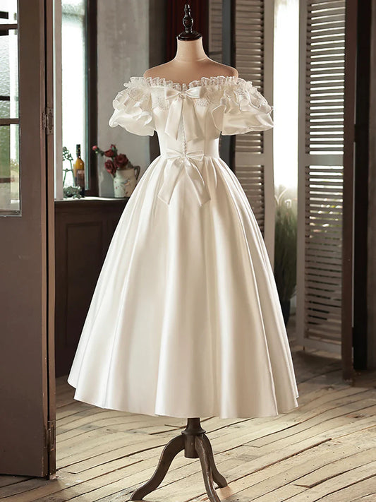Vintage White Off-the-Shoulder Satin Lace Short Wedding Dress TP947