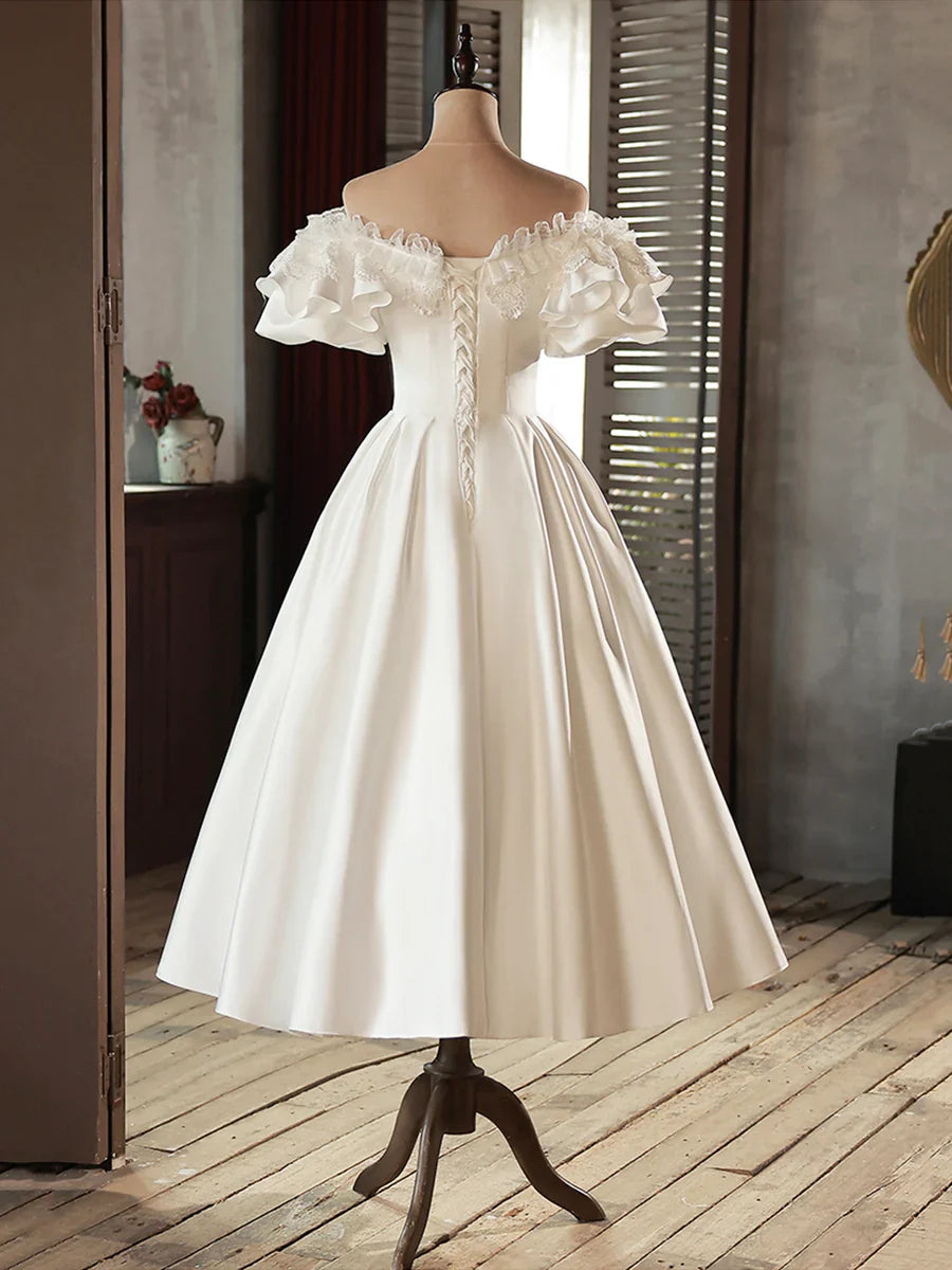 Vintage White Off-the-Shoulder Satin Lace Short Wedding Dress TP947