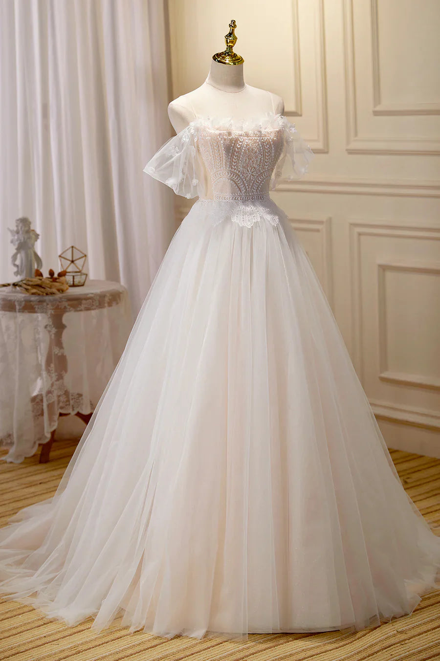 Vintage Champagne Lace Long A-line Off-the-Shoulder Wedding Dress TP948