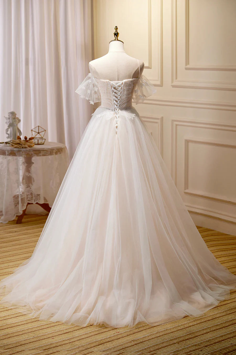 Vintage Champagne Lace Long A-line Off-the-Shoulder Wedding Dress TP948