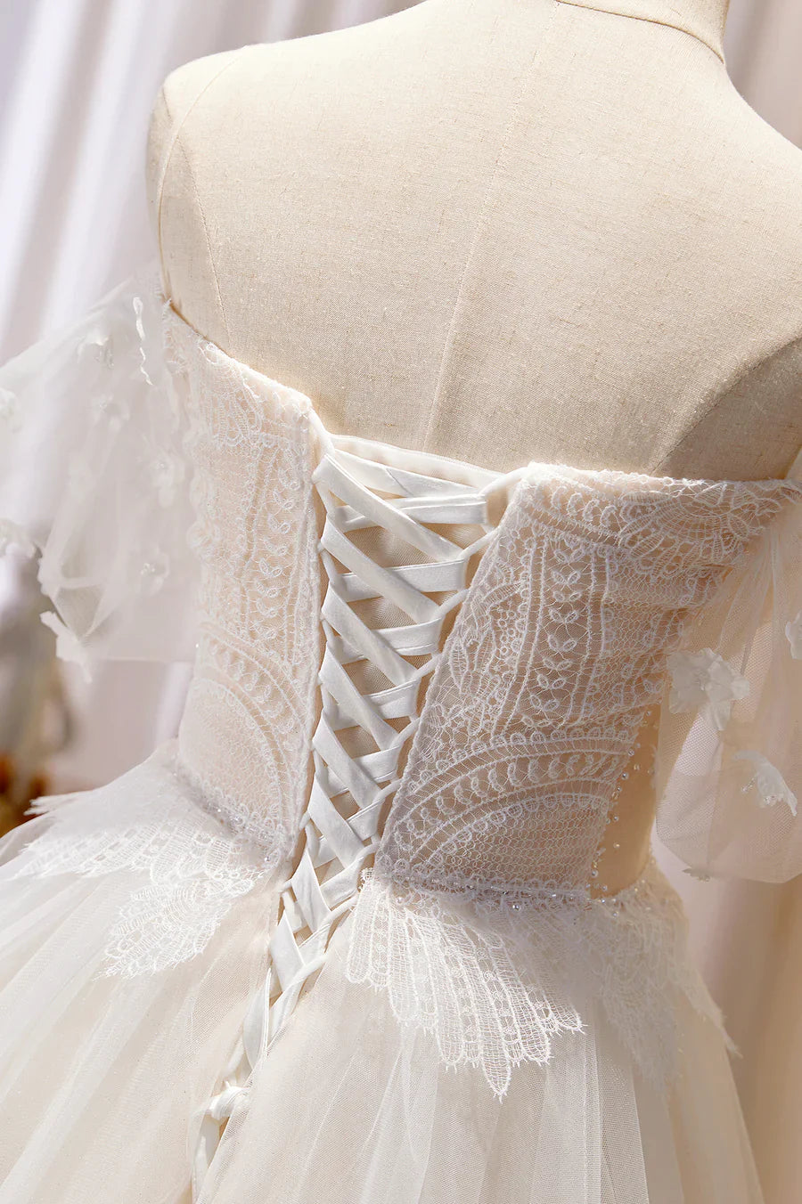 Vintage Champagne Lace Long A-line Off-the-Shoulder Wedding Dress TP948