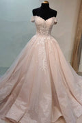 Pink Lace Long Prom Dresses, A-Line Off the Shoulder Evening Dresses TP965