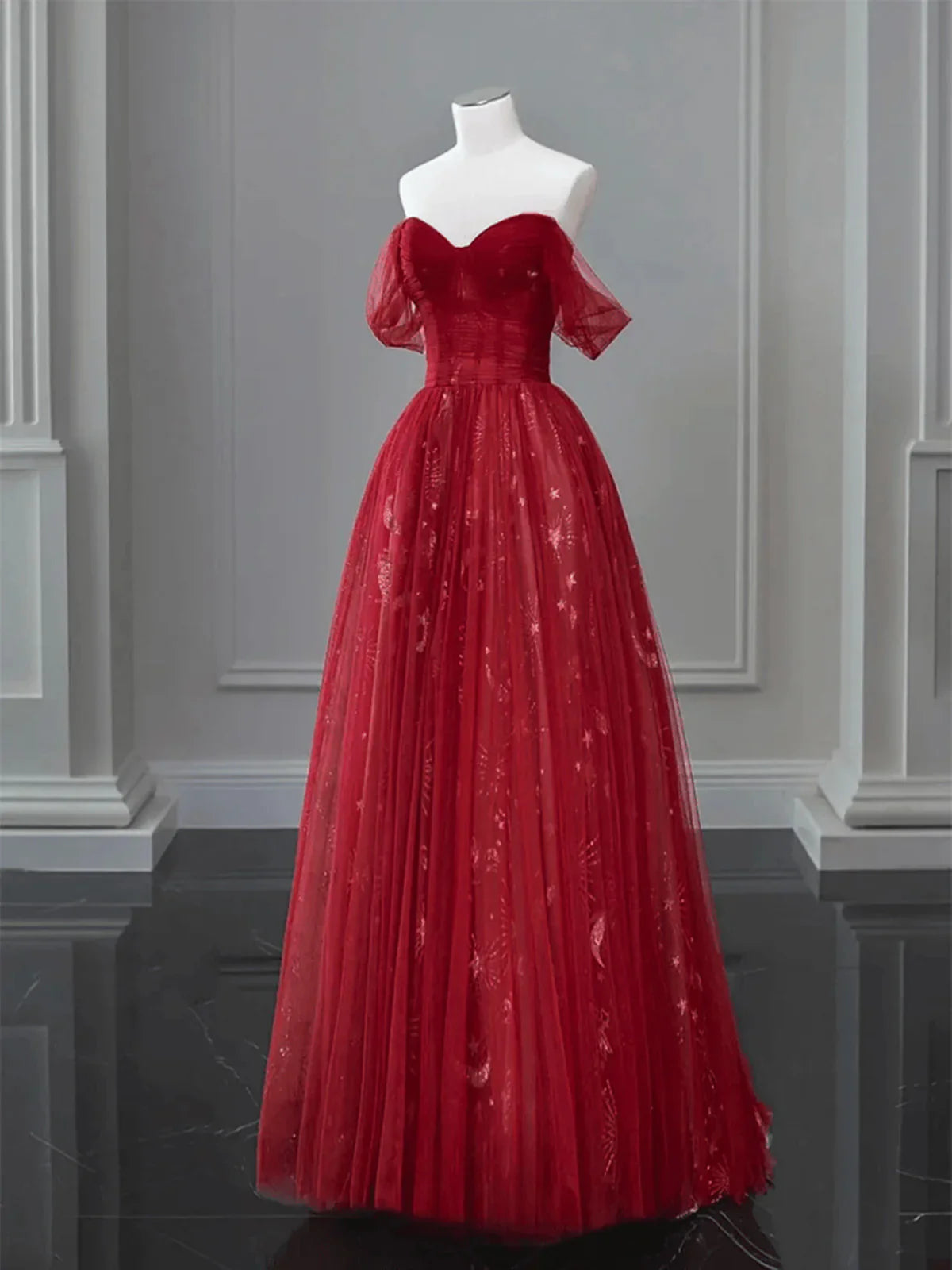 Wine Red A-line Tulle Sweetheart Floor Length Party Dress, Wine Red Tulle Prom Dress TP968