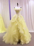 Yellow Tulle with Lace Sweetheart Long Formal Dress, Yellow Tulle Prom Dress TP978