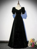 Black A-line Velvet Long Prom Dress Party Dress, Black Short Sleeves Prom Dress TP981