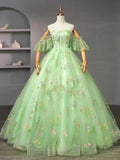 Light Green Tulle Floral Straps Long Formal Dress, Light Green Prom Dress TP987