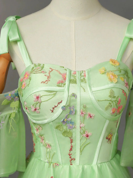 Light Green Tulle Floral Straps Long Formal Dress, Light Green Prom Dress TP987