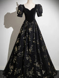Black A-line Short Sleeves Sweetheart Floral Long PartY Dress, Black Prom Dress TP991