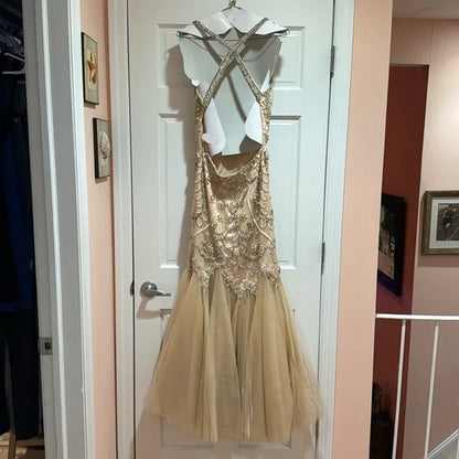 Champagne Pink/Gold Gorgeous Exquisite Beaded Strapless Elegant Long Fishtail Mermaid Slim Fit Ball Gown Evening Gown Party Dress gh3246