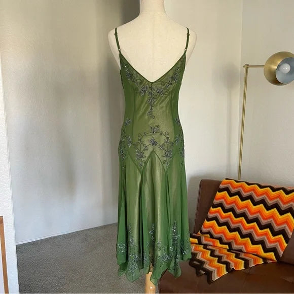 Green Vintage Fashion Elegant Exquisite Beaded Long Chiffon Suspender Dress Floral Embroidery Ball Gown Evening Gown Party Dress Prom Gown gh3720