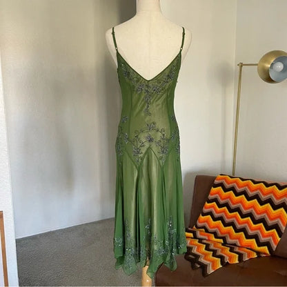 Green Vintage Fashion Elegant Exquisite Beaded Long Chiffon Suspender Dress Floral Embroidery Ball Gown Evening Gown Party Dress Prom Gown gh3720