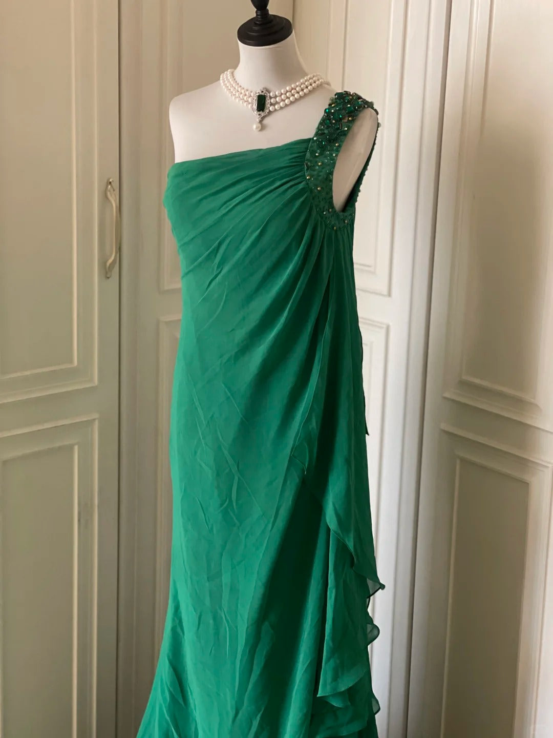 💚Green beaded vintag one shoulder stylish long chiffon wedding guest dress ball gown evening dress gatsby beauty party dress gh4391