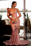 Vintage Pink Mermaid Prom Dress Sparkling Beaded Evening Gown One-shoulder Party Dress Long Formal Dress TP4856