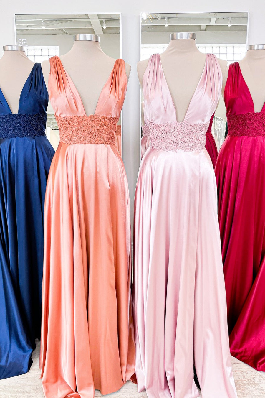 Dusty Pink Floral V Neck A-line Satin Long Prom Dress